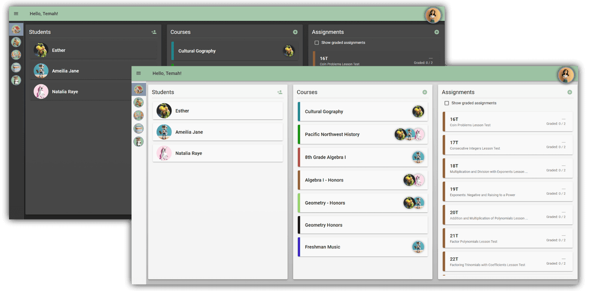Graidle gradebook dashboard showing student progress