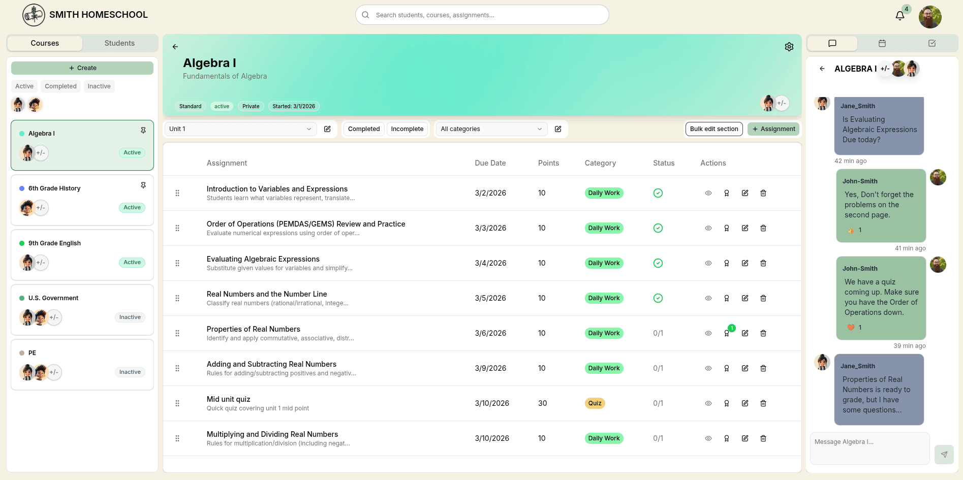 Instructor dashboard in the light theme with course assignments, grading status, and messages